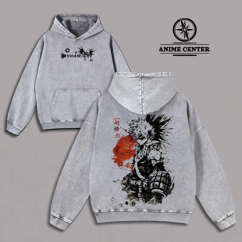 Dynamight Bakugo MHA Hoodie & Sweatshirt - My Hero Academia shirt Oversized Acid Washed Heavyweight Cotton Anime Clothing, Gym & Sportswear Streetwear, Gift for Anime Fans & Fitness Lovers