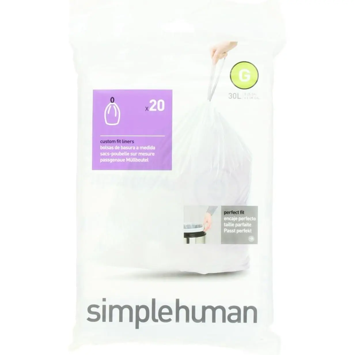 simplehuman Code G Custom Fit Drawstring Trash Bags, 30L/8 Gal White Dispenser Packs, 20 Plastic Liners