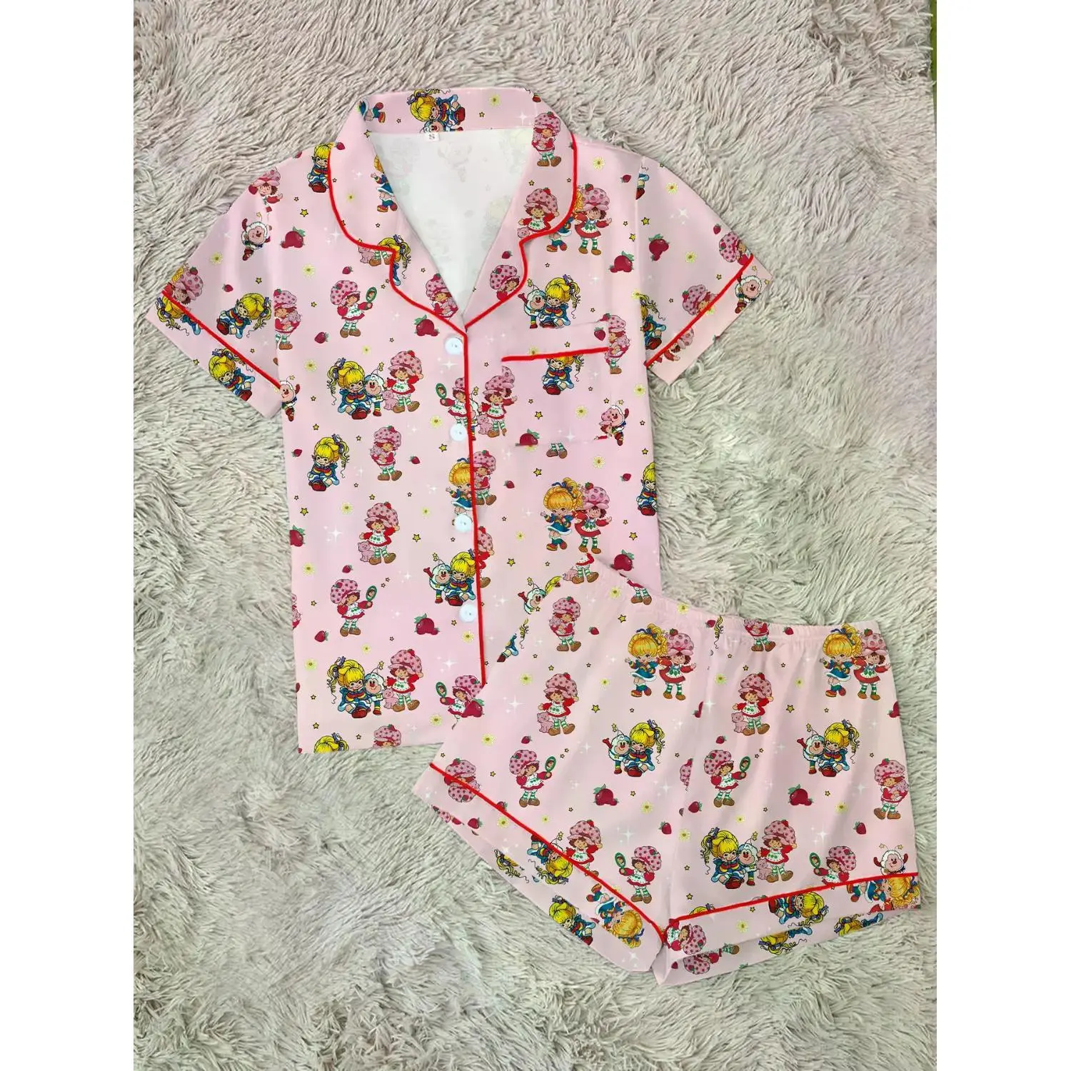 Strawberry Girl Rainbow Print Women's Pajama Set - Short Sleeve Button-Up Top and Elastic Waist Shorts, Cozy Loungewear for Sleep or Casual Wear