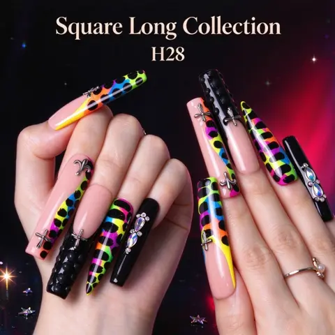 Lovful Square Long Length 2.2" Dramatic Handmade Acrylic Press On Nails | 10PCS Reusable, Salon Quality, Link 1 H26 -H317 Glitter Decorative #SohoChic