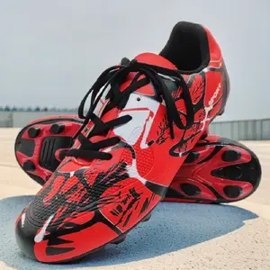 Red Unisex Football Rugby Shoes, Anti Slip Breathable Athletic Cleats, Comfortable Outdoor Training Soccer Sneakers for Men Women