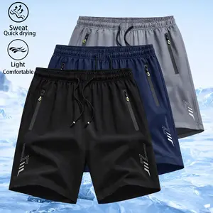 Men’s 3-Pack Ice Silk Gym Shorts — Quick-Dry, Lightweight Athletic Shorts with Zipper Pockets, Drawstring Waist, Breathable Moisture-Wicking Design; Ideal for Running, Workouts, Training, Basketball, Fitness, and Summer Casual Sportswear/Beach Wear