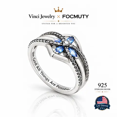 FOCMUTY 925 sterling silver blue crystal flower ring with elegant vintage romantic style sparkling gemstone floral design for women girls and brides perfect for weddings parties dates daily outfits and special occasions adding a graceful feminine touch