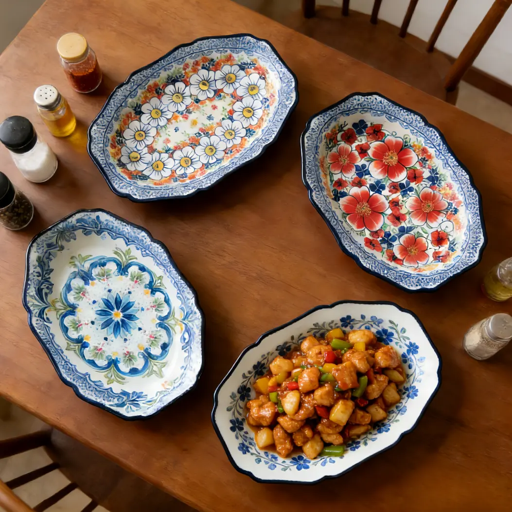 4-Piece Ceramic Oval Serving Plate Set, 9.45 in Floral Blue and White Plates for Salad, Pasta, Appetizers, Fish, Snacks