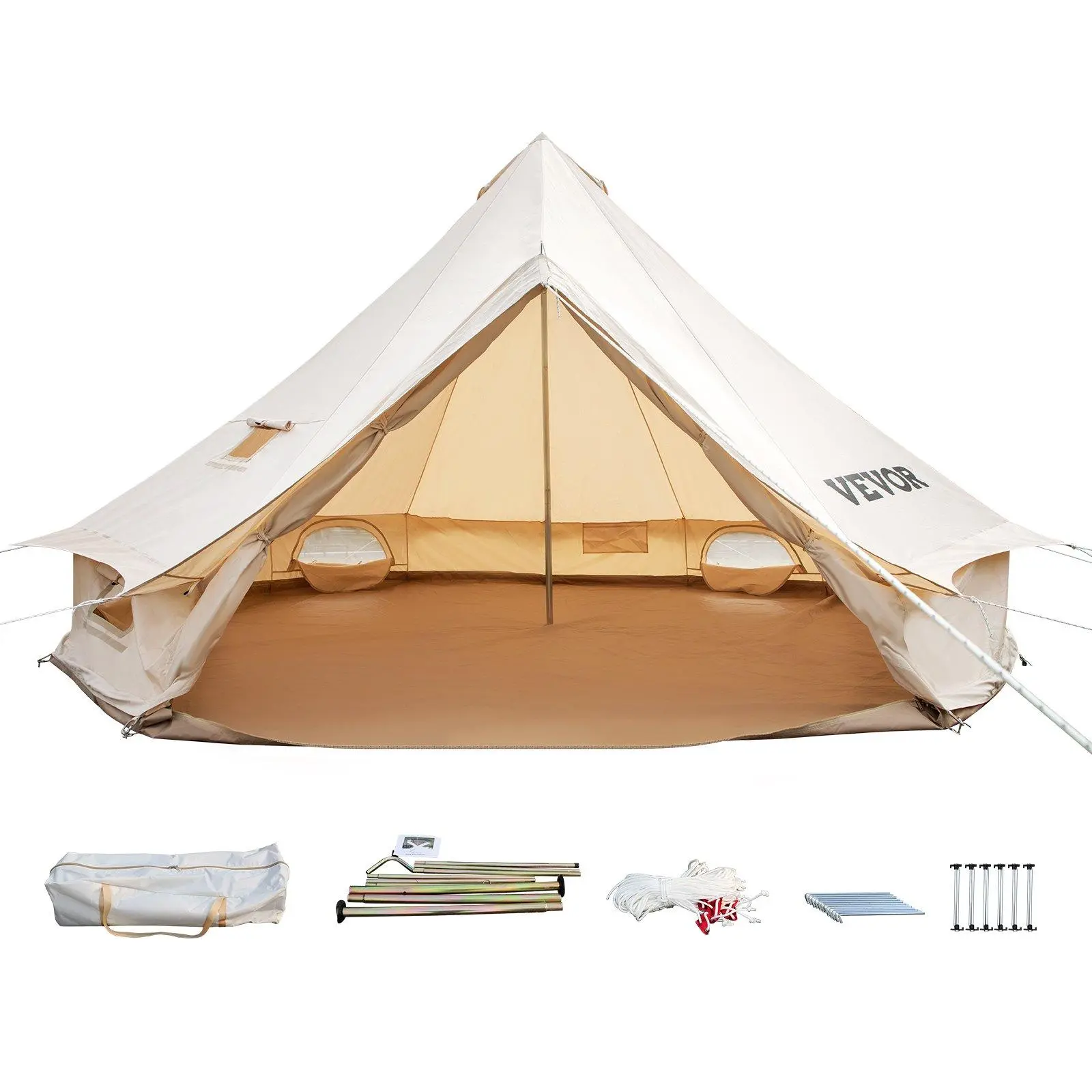 VEVOR 12-Person 4-Season Cotton Canvas Bell Tent Yurt, Waterproof Windproof Camping Accessories with Stove Jack & Roll-Up Wall, 65% Polyester, Easy Setup for Family Camping & Glamping, Tentcamping, Bell Shape