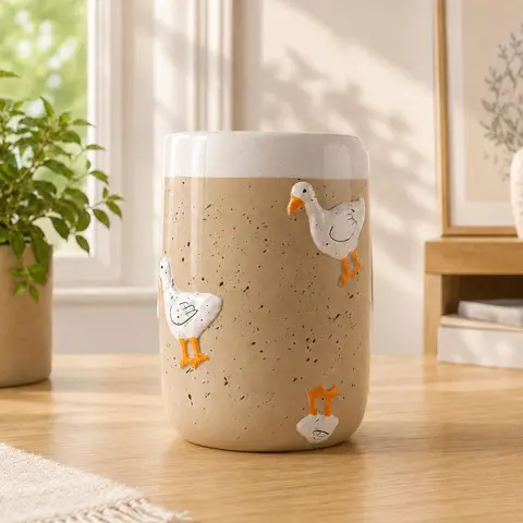 KAILIVEYS Novelty Print Ceramic Drinking Mug - Duck Print Kitchen Drinkware Cups (10oz-17oz), Lead-Free Reusable Mug with Lid, Washable, Microwavable, Dishwasher Safe, Gift-Ready for Coffee Lovers