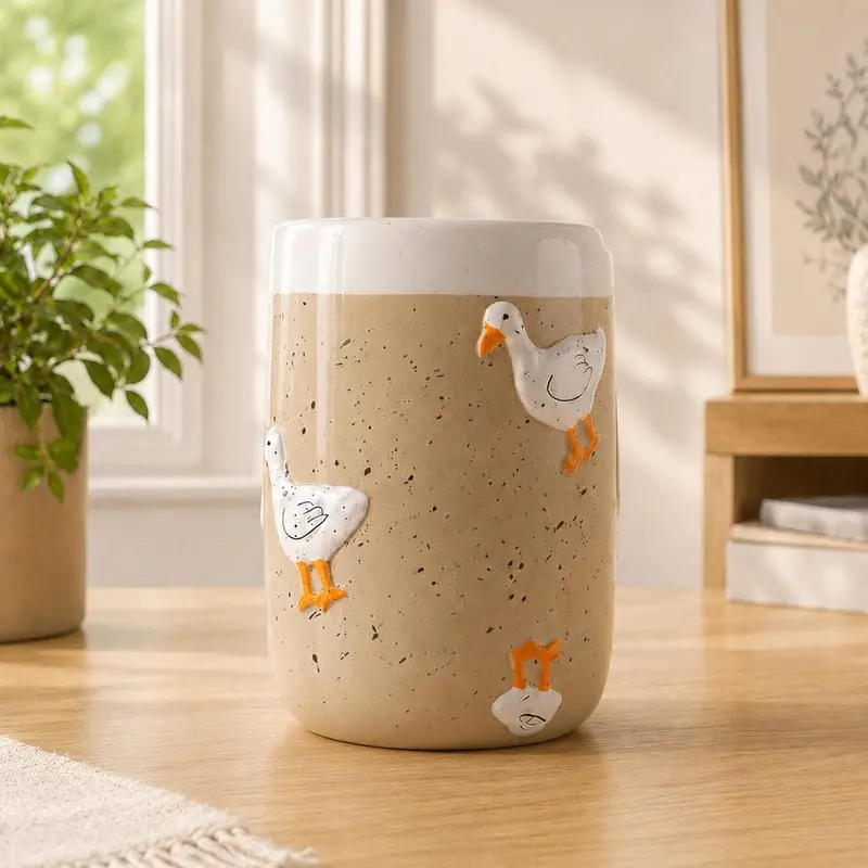 KAILIVEYS Novelty Print Ceramic Drinking Mug - Duck Print Kitchen Drinkware Cups (10oz-17oz), Lead-Free Reusable Mug with Lid, Washable, Microwavable, Dishwasher Safe, Gift-Ready for Coffee Lovers