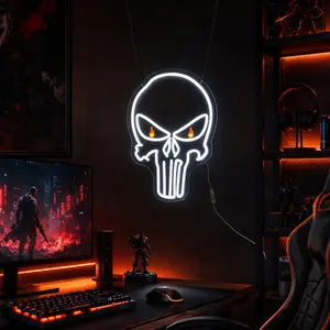 Dynamic Flame Eyes Skull Neon Sign, White LED Skull Wall Light with Orange Flickering Eyes, USB Powered Dimmable Acrylic Backboard Decor for Game Room, Man Cave, Bar, Garage, Halloween Party, Gothic Room Aesthetic, Cool Gift for Men & Teens