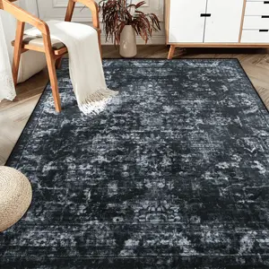Washable Large Rugs,Black Cashmere imitation Area Rug,Indoor Home Decor Rug,vintage printed carpet,Boho Vintage Distressed Non-Slip Low-Pile Non Slip Carpet for Living Room,Dining Room,Office,5x8ft,6x9ft