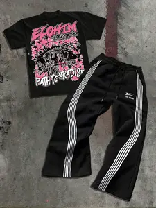 Men's Short Sleeve Tee & Sweatpants Set, Eye Letter Print Design, Casual Street Style, Fall Winter Fashion, Trendy Youth Campus Wear