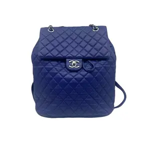 Pre-owned CHANEL lambskin Backpacks Urban Spirit Cobalt Blue Quilted Backpack silver hardware CC turnlock drawstring bag h8 h71771
