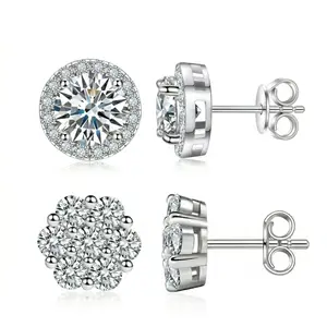 Sparkly 2 Pairs 1ct Moissanite Inspired CZ Earrings Set for Women, 925 Silver Plated, DDMS0003 Brilliant Cut Cubic Zirconia, Hypoallergenic