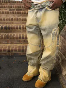 Men Stylish Vintage Patch Splicing Baggy Straight Jeans Pants Streetwear Male Casual Loose Denim Trousers