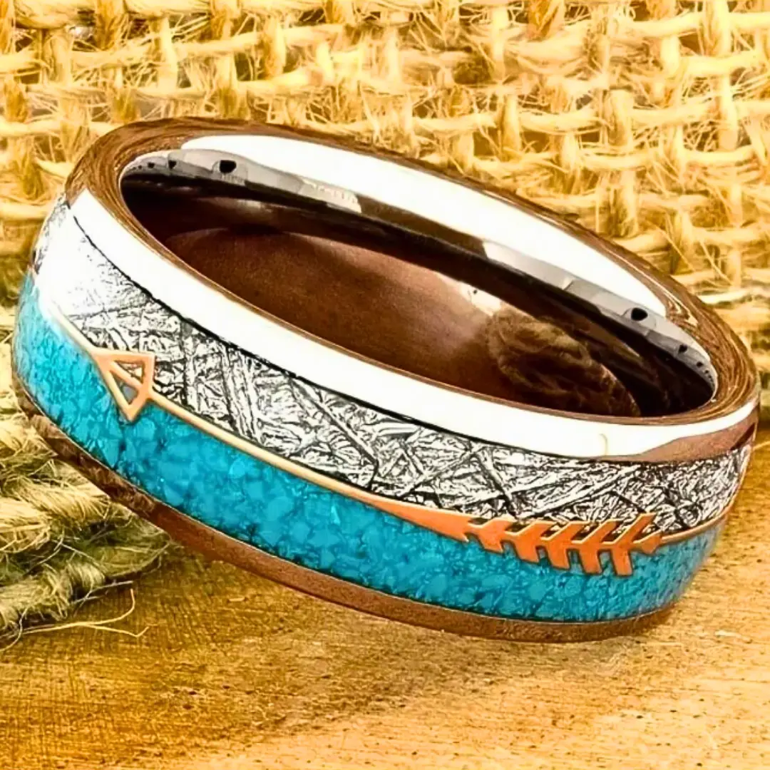 Men's fashion stainless steel ring with arrow motif and simulated turquoise inlay, wedding or engagement ring jewelry, gift