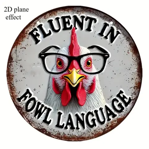Round Vintage Rooster Sign, Fluent in Fowl Language Sign, Wall Decor for Home, Gift for Friend, Wall Decor for Home Living Room Bedroom