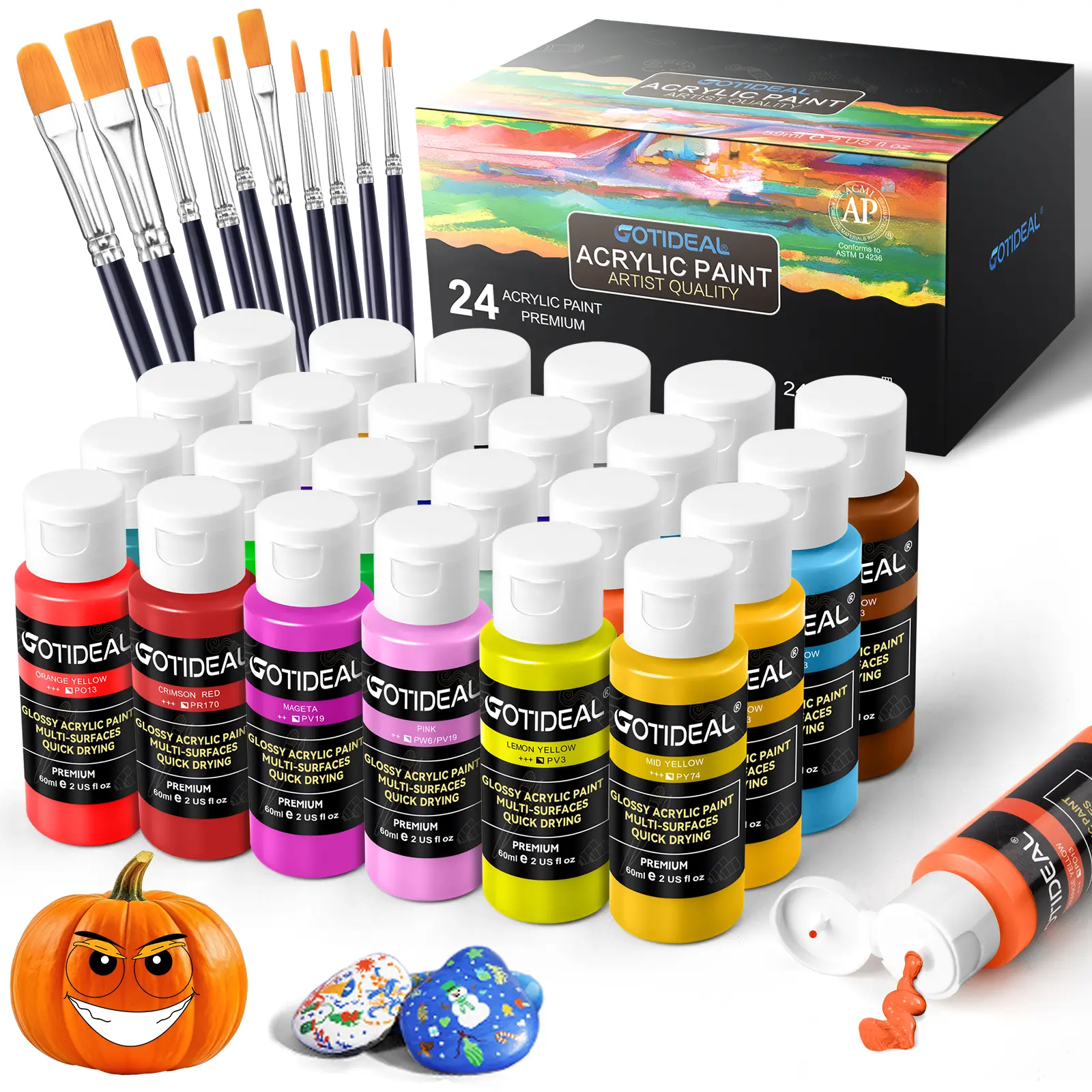 GOTIDEAL Acrylic Paint Set with Paint Brushes, 24 Colors(59ml, 2 oz) Art Craft Paint for Adults and Kids, Perfect for Artist, Beginner, Ideal for Wood, Canvas, Rocks, Outdoor Painting Supplies art supplies