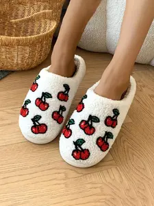Women's Cartoon Cherry Pattern Plush Slippers, Cute Soft Comfortable Home Slippers, Warm Soft Sole Slippers for Indoor & Outdoor Use for Fall & Winter