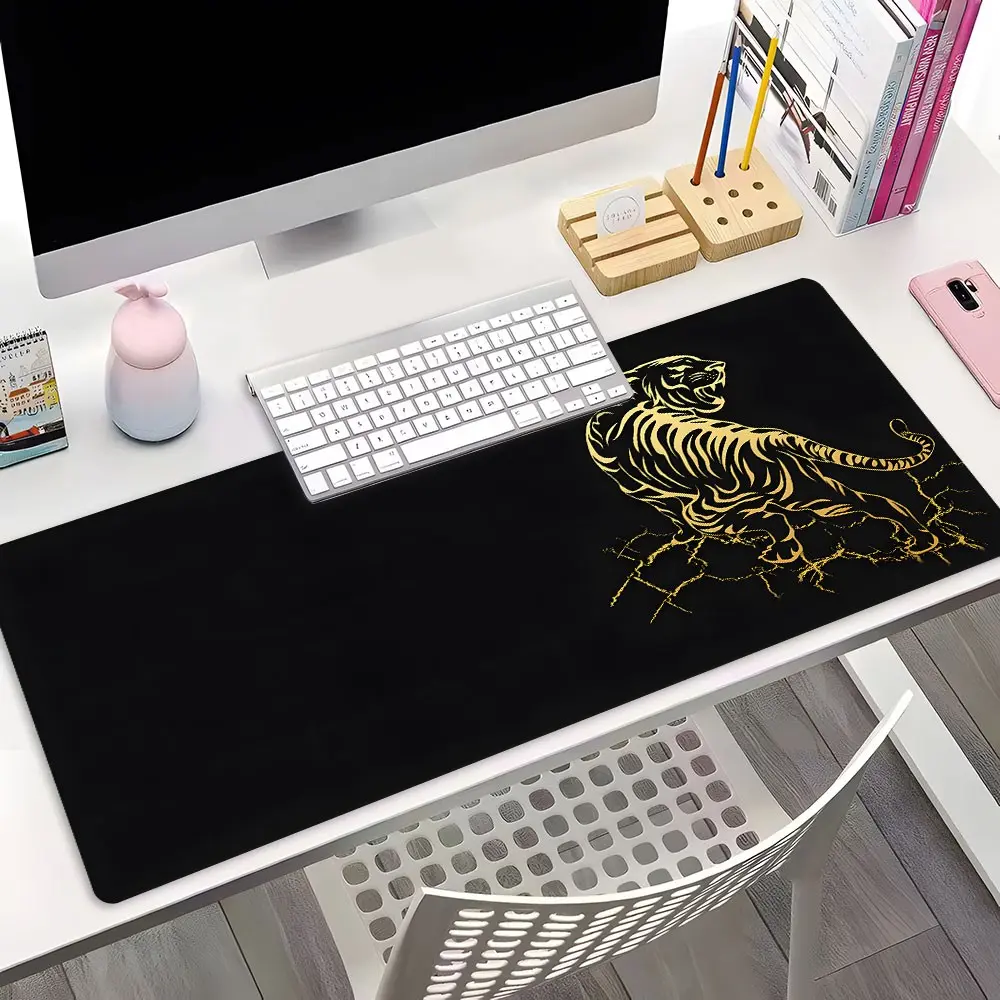 Black Gold Roaring Tiger XXL Extended Gaming Mouse Pad, Cool Aesthetic Desk Decor, Non-Slip Rubber Desk Mat with Stitched Lock Edge, Washable Keyboard Pad for PC Gaming & Home Office, Perfect Gift for Tiger & Animal Lovers