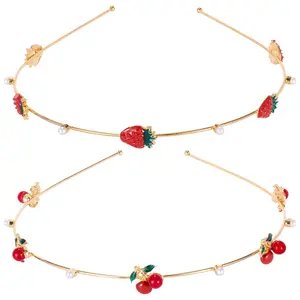 L-HDW003 2pcs Strawberry Cherry Headbands Cute Pearl Mermaid Headpiece Summer Fruit Hair Hoops Gold Bridal Vine Tiara Halloween Christmas Wedding Prom Engagement Hair Accessories for Bride Women