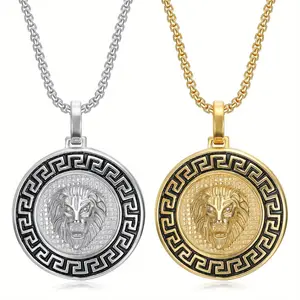 Hip-Hop Stainless Steel Gold-Plated Great Wall Pattern Lion Head Pendant Necklace | Diamond-Encrusted Streetwear Accessory