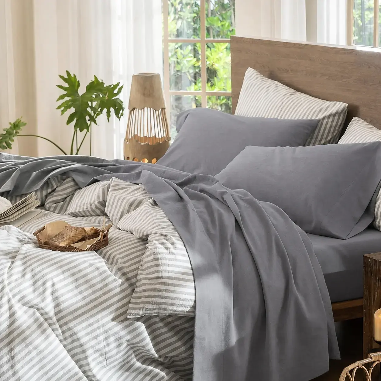 Unisex 4-Piece 100% Washed Cotton Linen Bed Sheet Set - Fitted, Flat & Pillowcases Included, Hotel-Luxury, Soft, Wrinkle-Free, Breathable, Moisture-Wicking for Mattresses