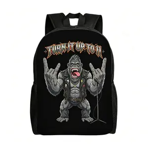 Unisex “Turn It Up To 11” Rock Gorilla Backpack, water-resistant 600D Oxford cloth daypack, adjustable shoulder bag for music fans