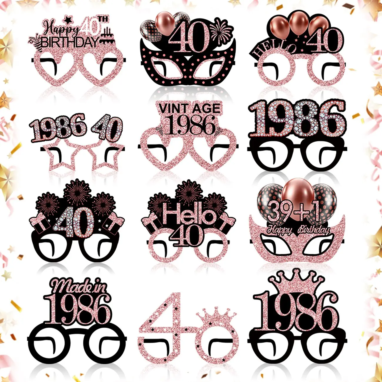 1986 40th Birthday Cardboard Cutouts, Rose Gold Happy 40th Birthday Paper Eyeglasses, Masks, Vintage Birthday Party Supplies for Men Women, Photo Props