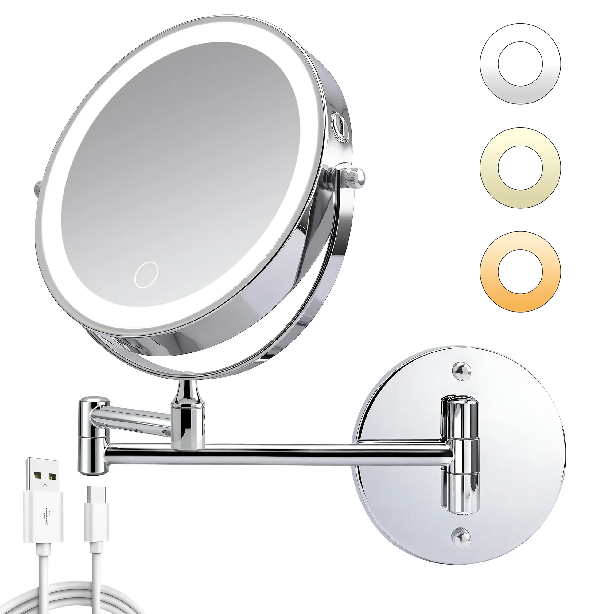 Adjustable Classic Metal Wall-Mounted Makeup Mirror - 8 in Double-Sided 1X/10X Magnifying, Rechargeable with 3-Color Dimmable LED Lights, 360-Degree Rotation & Extendable Arm for Bathroom, Men's Shaving, Gold, Modern