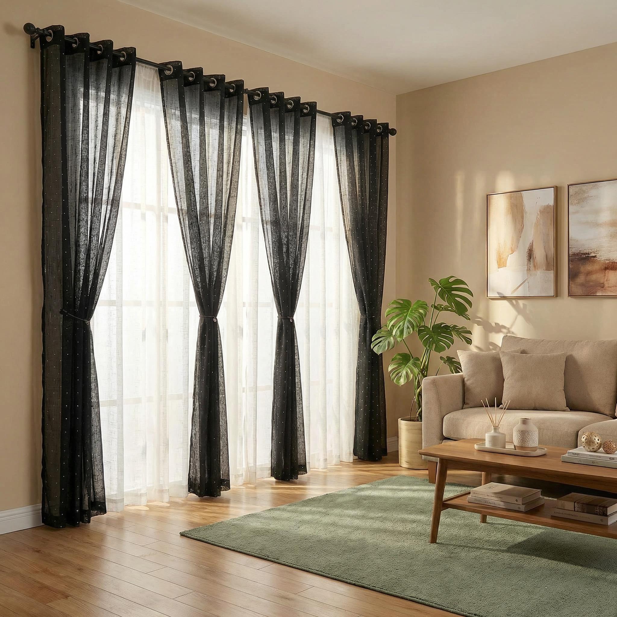Curtain Club 8 Panels 34X84 Inch Diamond Beaded Twill + Full-Length Chiffon Curtain Set. Each style contains 4 pieces. All are plain chiffon fabric, translucent, with iron rings, woven, rod type, FT2930 + L12