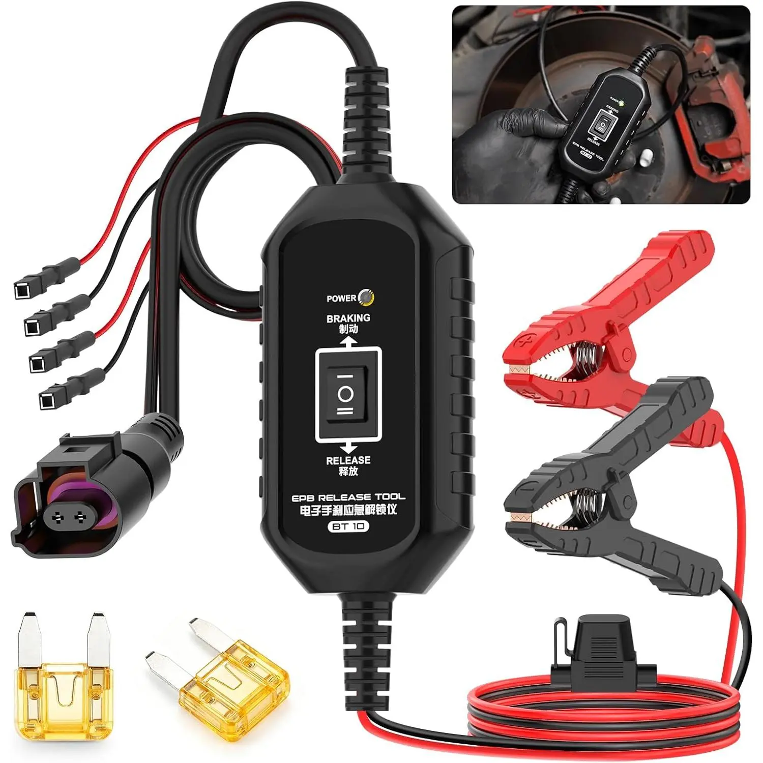 Automotive Electronic Parking Brake Emergency Release Wired Tool - 2 Wire Connection Ways, 3 Fuses Dual-Channel Control, Over-Current Safe Reverse Polarity Protection Diagnostic Tool for Gas/EV/Hybrid Braking Repair