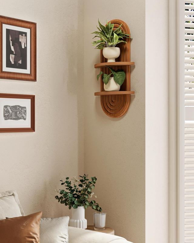 Bamworld Boho Wall Decor Brown Plant Wall Shelf, Mid Century Modern Decor Hanging Plant Shelf, 2-Tier Wooden Floating Shelves for Home, Bathroom Bedroom Living Room, Office Holding Planter Decoration
