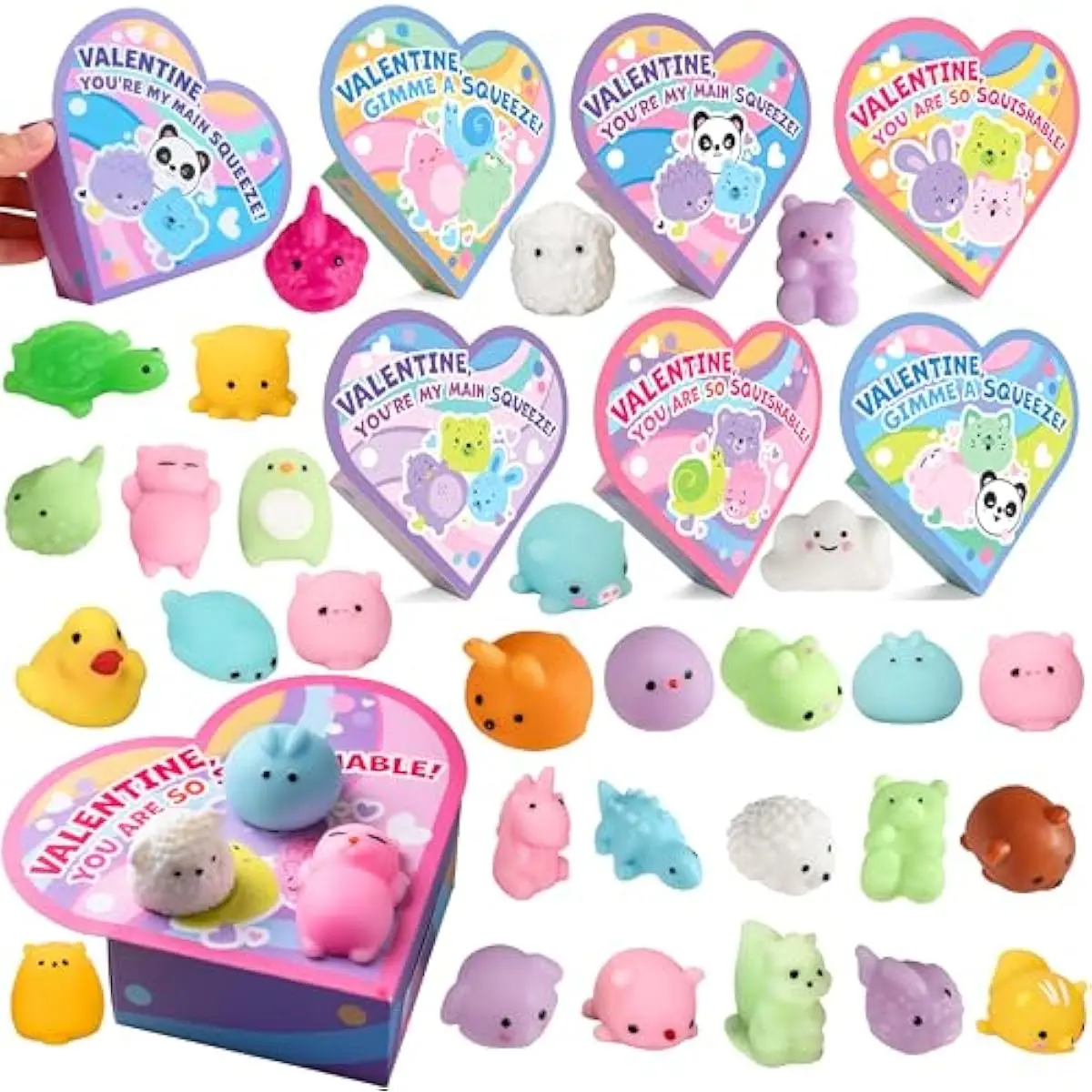 28 Packs Valentines Day Gifts for Kids Classroom School, Mochi Squishy Toys, Stress Relief Toy with Heart Boxes for Girls Boys Valentines Party Favors, Gift Exchange, Game Prizes