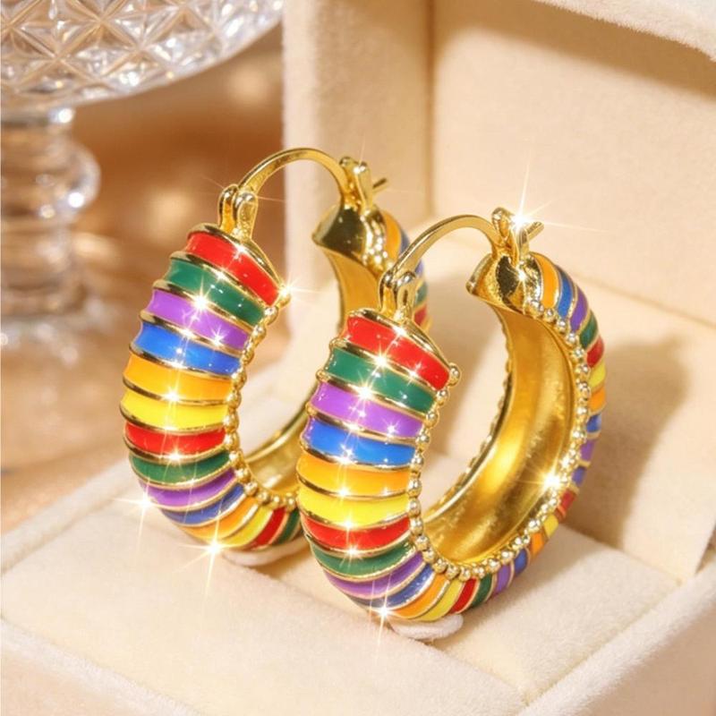 Rainbow Enamel Hoop Earrings for Women, Colorful Striped Chunky Hoop Earrings, Statement Ear Jewelry for Party Daily Wear, Valentine’s Day Christmas Birthday Gift for Her