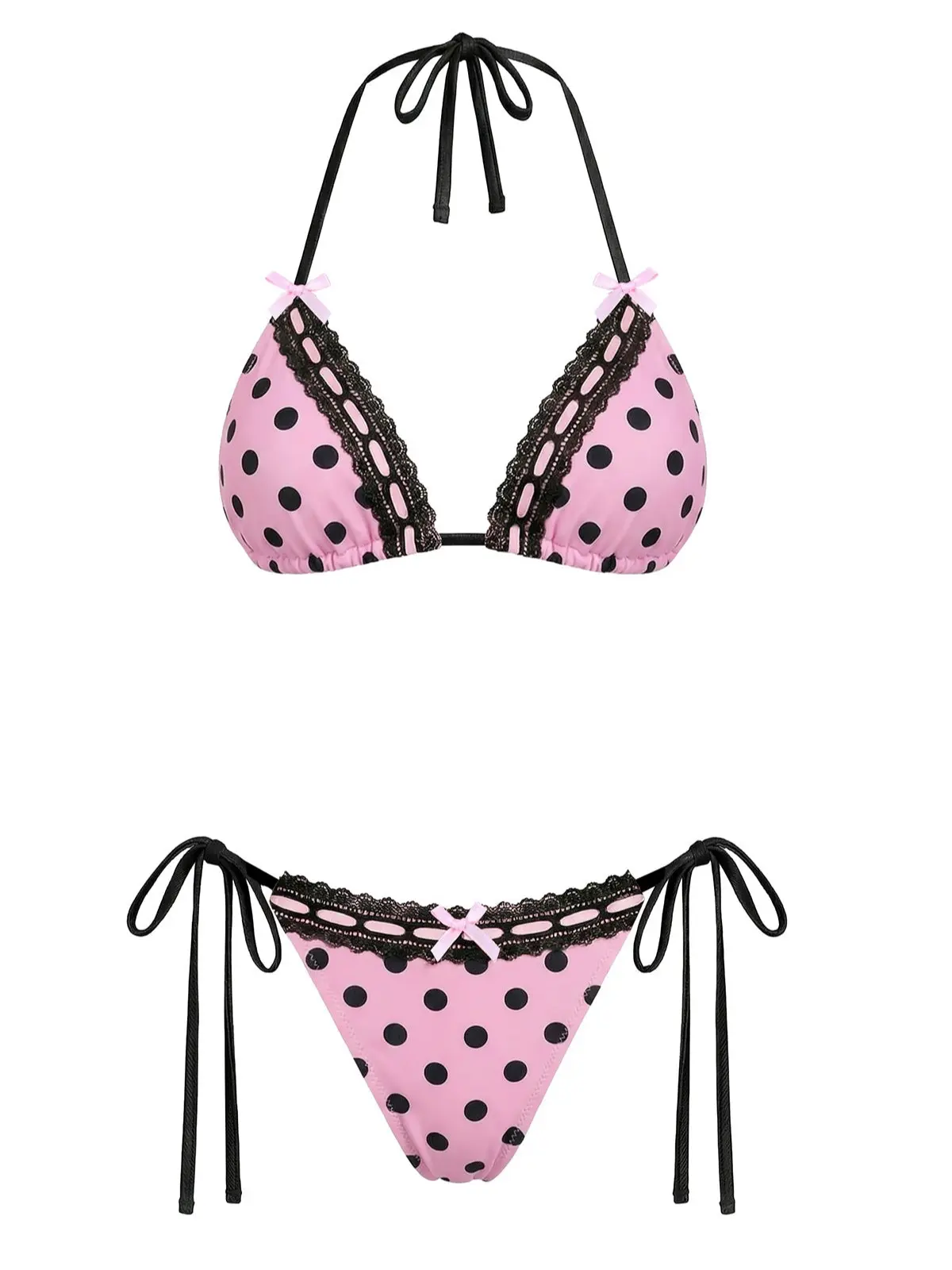 Pink 1940s Polka Dot Lace Bikini Setvacation swimwear for women cute summer outfits Pink 1940s Polka Dot Lace Bikini Setvacation swimwear for women cute summer outfits