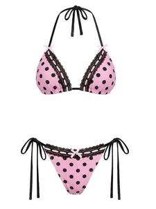 Pink 1940s Polka Dot Lace Bikini Set