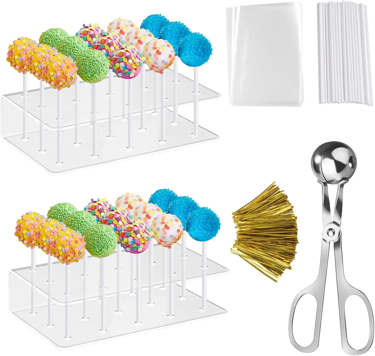 303 pcs lollipop cake making set, including 2 acrylic display stands, lollipop sticks, twists, packaging bags&ball diggers, a complete set of materials for homemade lollipop cakes, candies&desserts, suitable for party scenes