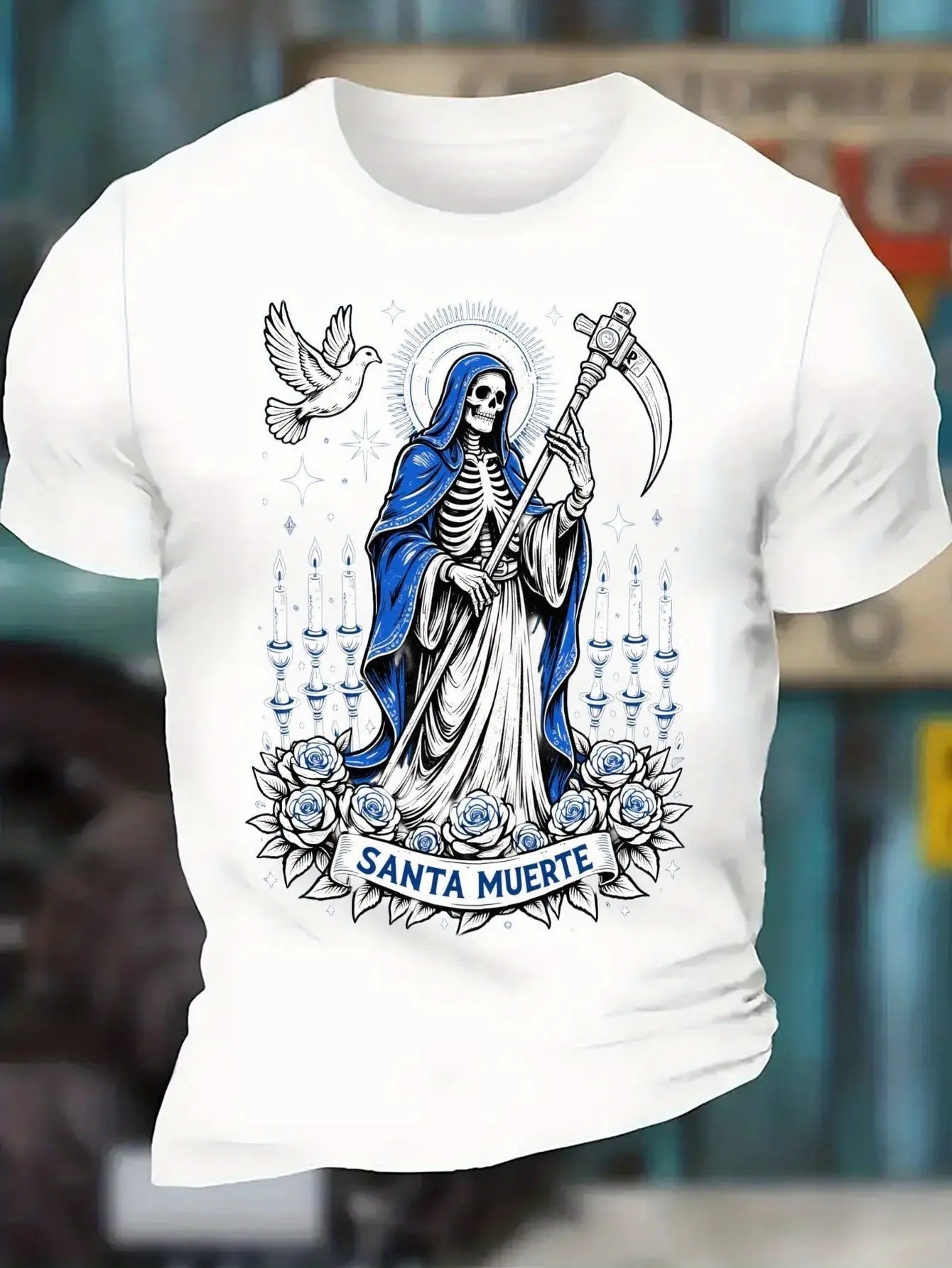 Men'S Santa Muerte Guardian Casual Graphic Tee - A unisex soft cotton short sleeve t shirt, vintage graphic casual tee for men women teens, perfect birthday holiday gift for camping travel gym daily street  wear