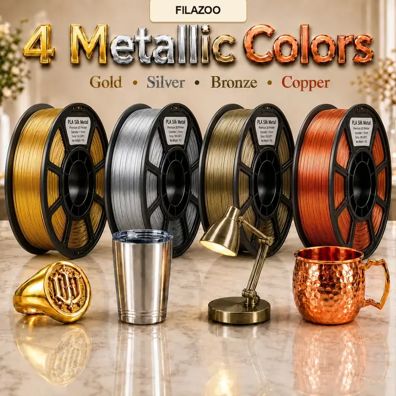 FILAZOO Silk PLA 3D Printer Filament, 1.75 mm 1 kg Spool, Metallic High-Gloss Finish with Smooth Extrusion for Models, Crafts and Home Décor