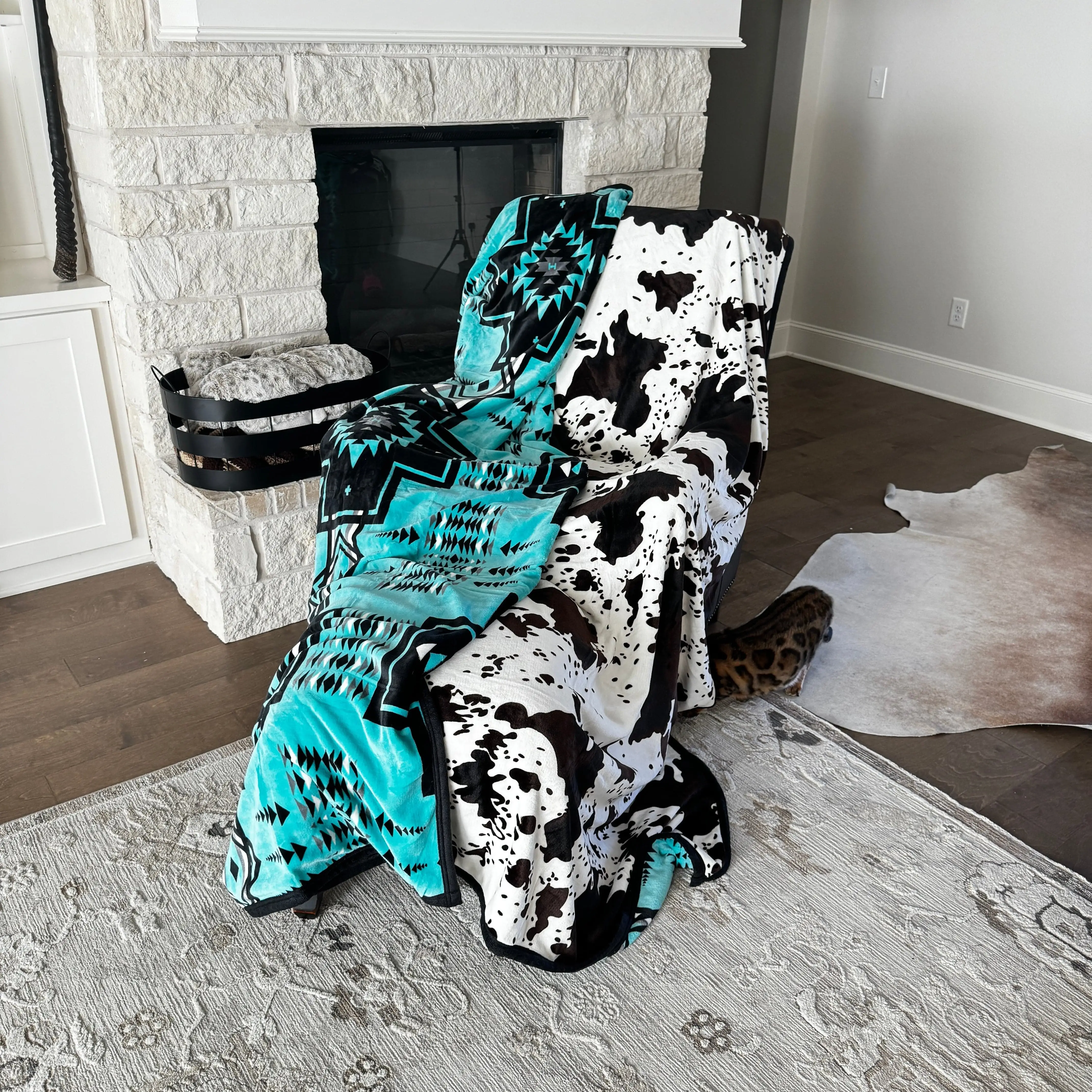Reversible Solid Cow and Turquoise Pattern 2 Ply Oversized Blanket 82"x90"