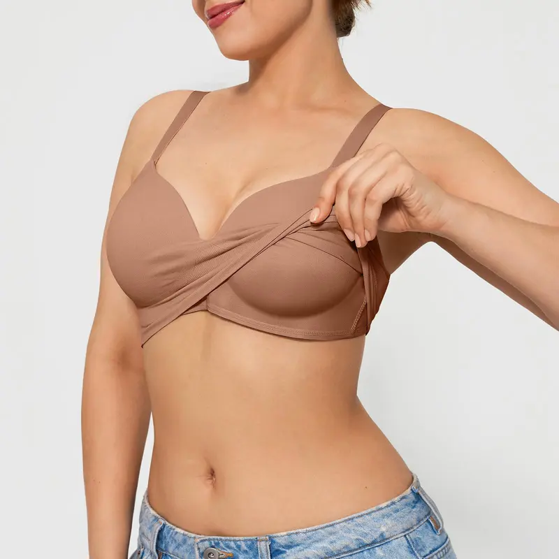 Popilush Women's 2-in-1 Multi-Way Wireless No Underwire T-Shirt Bra - Seamless, Full Coverage, Push Up, Soft Supportive Smooth Fabric Bralette with Adjustable Straps, Deep V, Plus Size Adjustable Everyday Bras for Bottom Stretchy Everyday Wear
