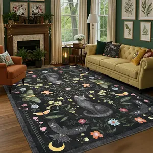 Garvee Gothic Floral Print Cat Print Rug with Non-slip Backing Washable Soft Non-shedding for Bedrooms Dining Rooms Living Rooms Children's Rooms and Playrooms carpet