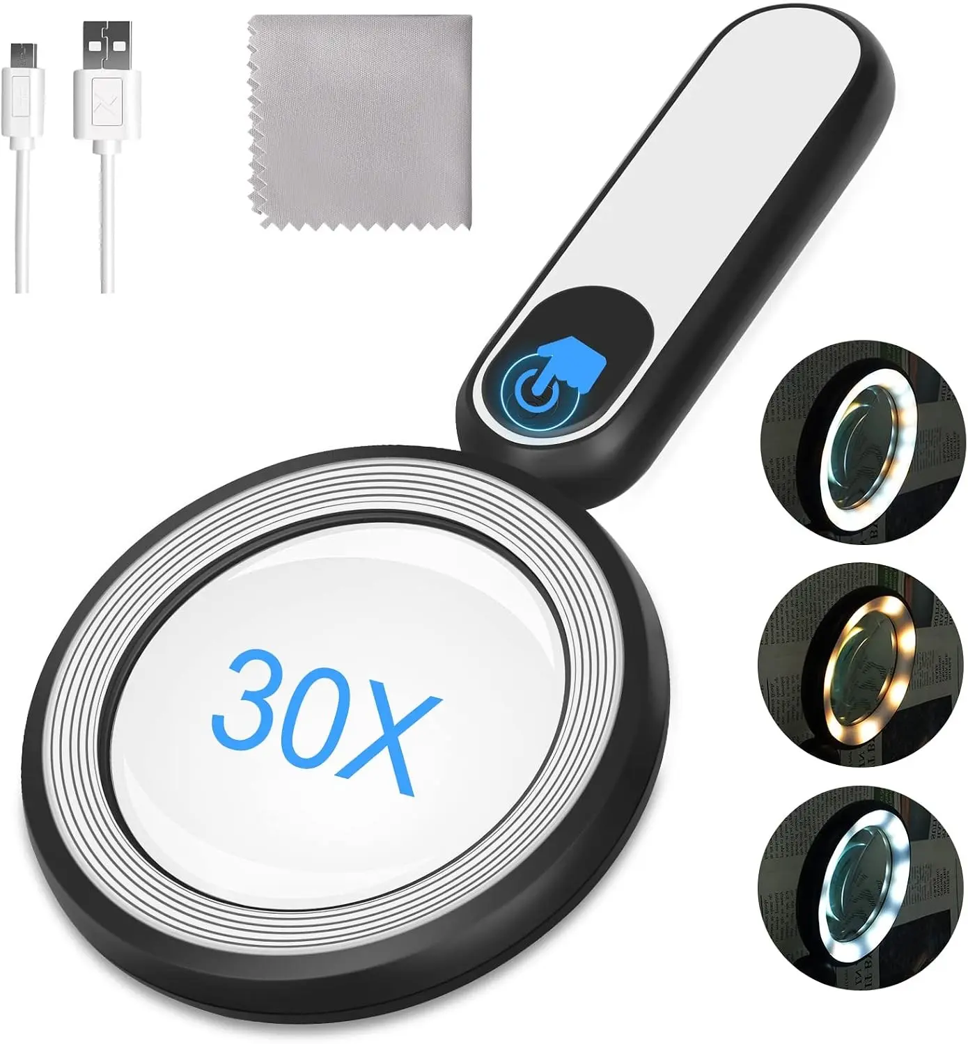 Rechargeable Magnifying Glass with Light, 30X 4.7IN Handheld Large Lightweight Lighted Magnify Len 21 LED 3 Modes Illuminated Book Magnifier forSenior,Reading,Inspection,Coin,JewelryChristmasGift