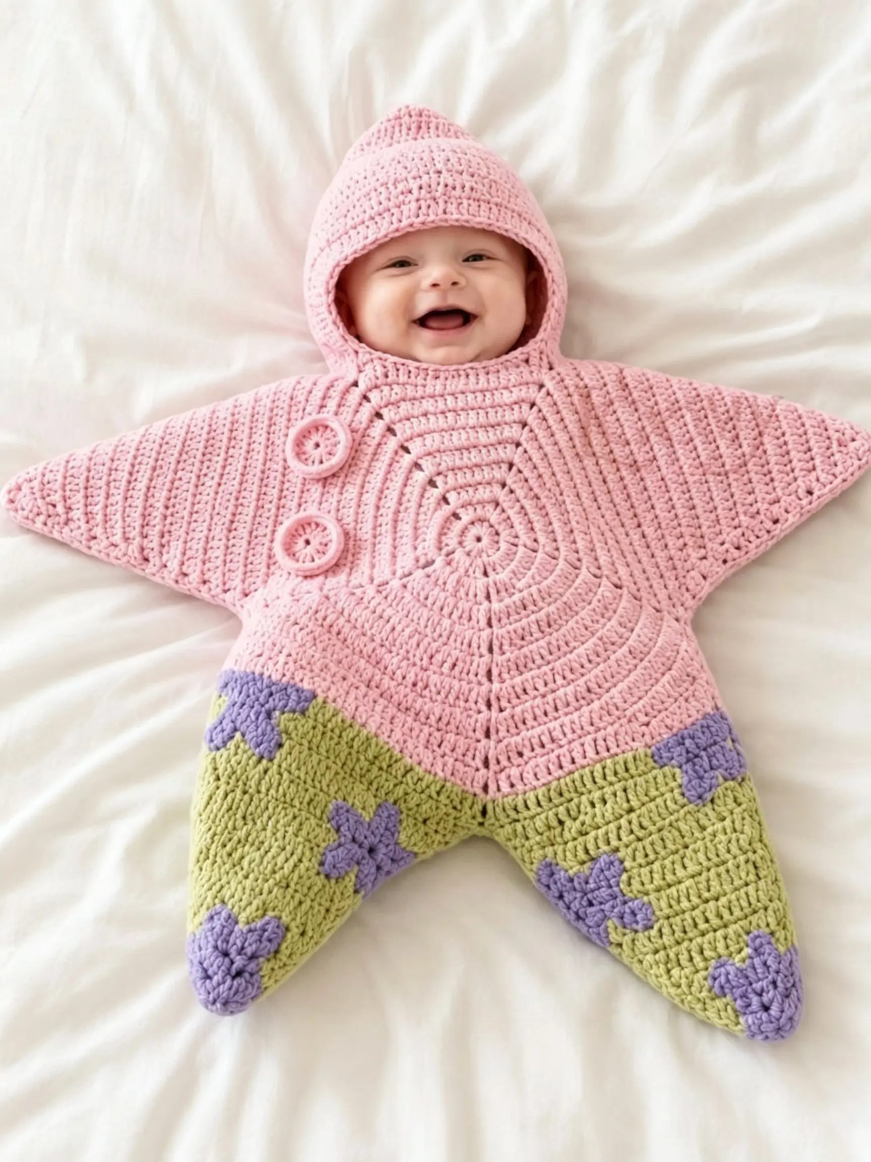 Chic Pink and Green Star Baby Crochet Outfit, Handmade Knit Costume Set for Newborn and Infant, Warm Swaddle Wrap Sleeping Bag, One Size Baby Shower Gift