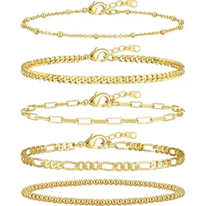 Gold Bracelets for Women, 14K Gold Plated Stackable Bracelet Stack Set Adjustable Charm Paperclip Chain Cuban Link Layered Waterproof Jewelry Sets Gifts for Womens-USA