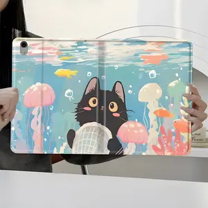 Black Cat with Jellyfish Underwater Tablet Case,Shockproof Full-Body Protection Book-Style Stand Cover with Pencil Slot, Fits 7.9/8.3/10.2/10.5/10.9/11/12.9/13 Inch Tablets, Durable Case for Home Office School,Ideal Gift for Cat & Art Aesthetic Fans
