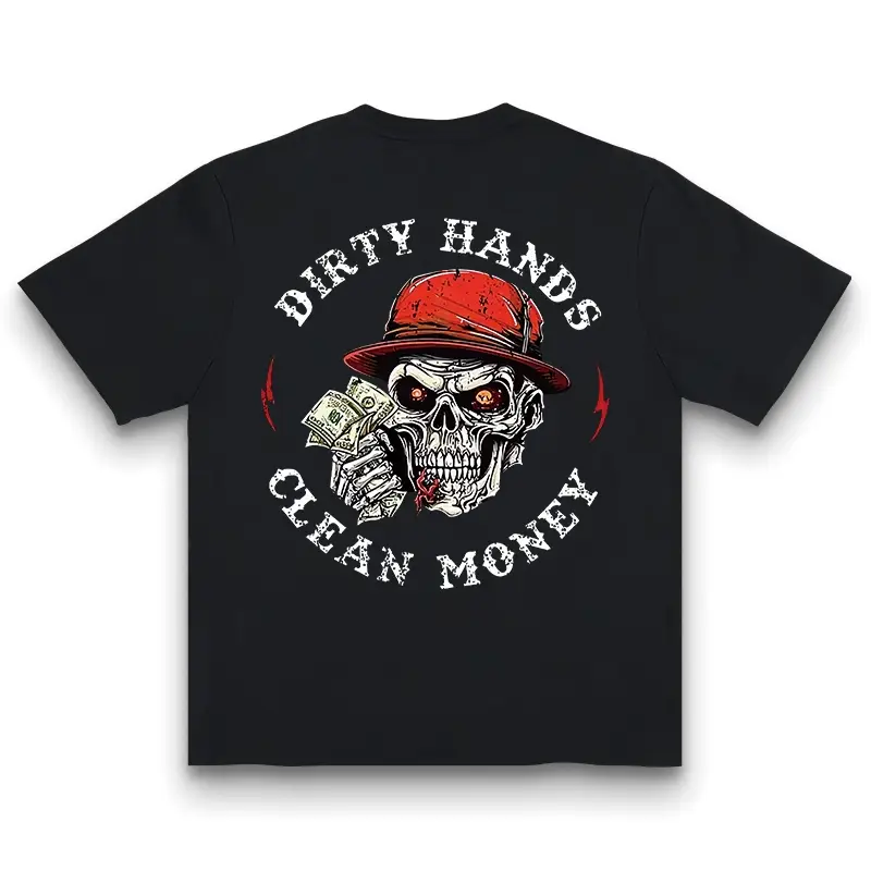 Men's 100% Cotton Casual Crew Neck T-Shirt - "Dirty Hands Clean Money" Skull Graphic, Short Sleeve, Soft and Comfortable, Ideal for All Seasons
