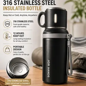 Stainless Steel Insulated Water Bottle 600ml with Rope Dual Function Coffee Cup Portable Outdoor Vacuum Flask for Camping Cycling Home Office