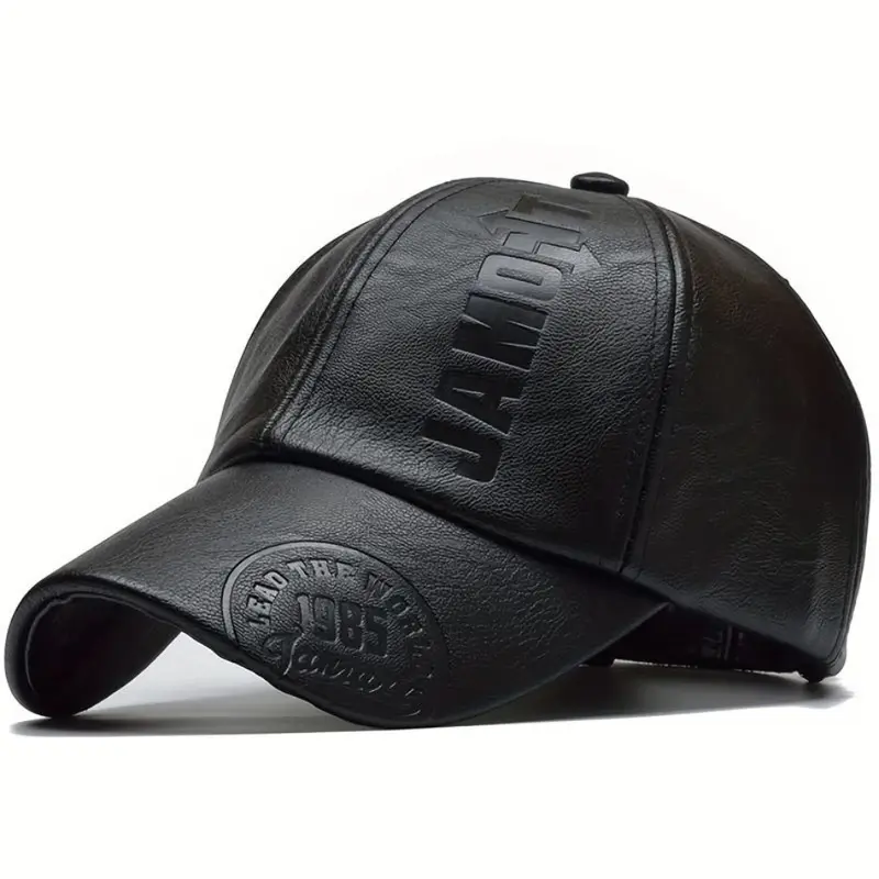 Men's PU Leather Flat Bill Snapback Cap - British Style Black Adjustable Trucker Hat, Casual Trendy Sun Protective Headwear, Synthetic Fibers, Breathable All-Season Mensfashion Accessory, Solid Color, One Size, Adjustable Fit Buckle, Not for Hand Washing