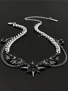 Hiphop Trendy Dark Style Starburst Wings Design Necklace, Punk Personalized Unisex Party Hiphop Necklace, Men Women Fashion Jewelry, Star Shine Necklace