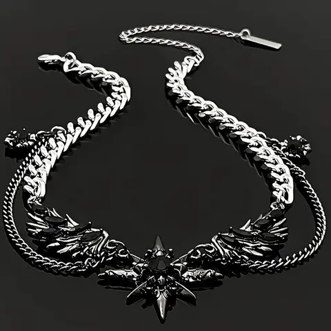 Hiphop Trendy Dark Style Starburst Wings Design Necklace, Punk Personalized Unisex Party Hiphop Necklace, Men Women Fashion Jewelry, Star Shine Necklace, Bling Chain, Alloy Necklace